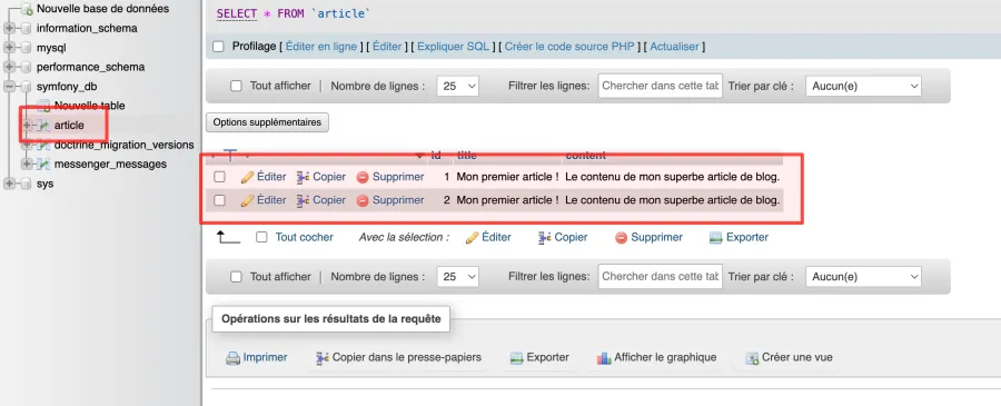 Creation de deux lignes dans la base de données grâce à l'Entity Manager